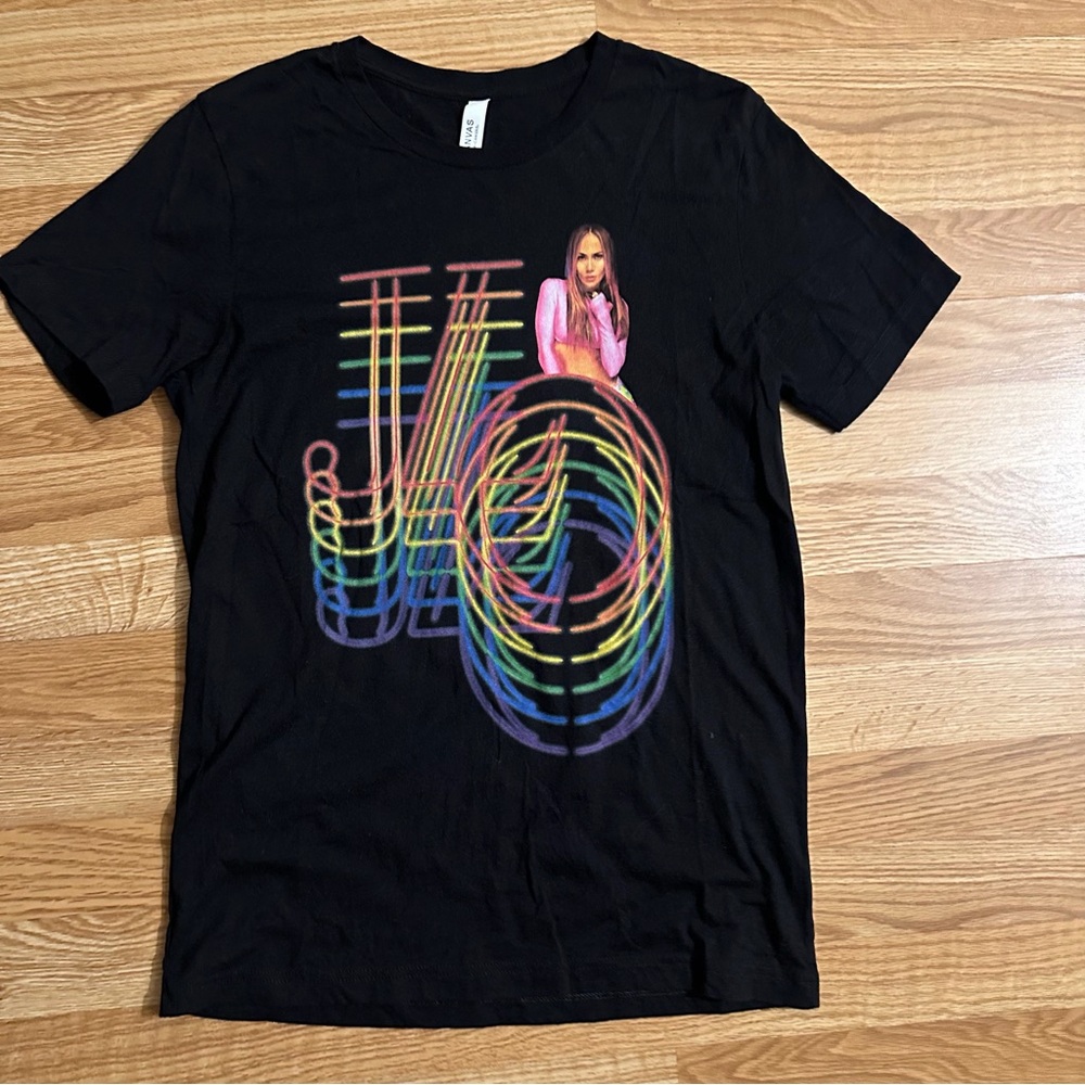 Vintage Jennifer Lopez Designer Black Graphic Tee with Trademark JLO Neon Design